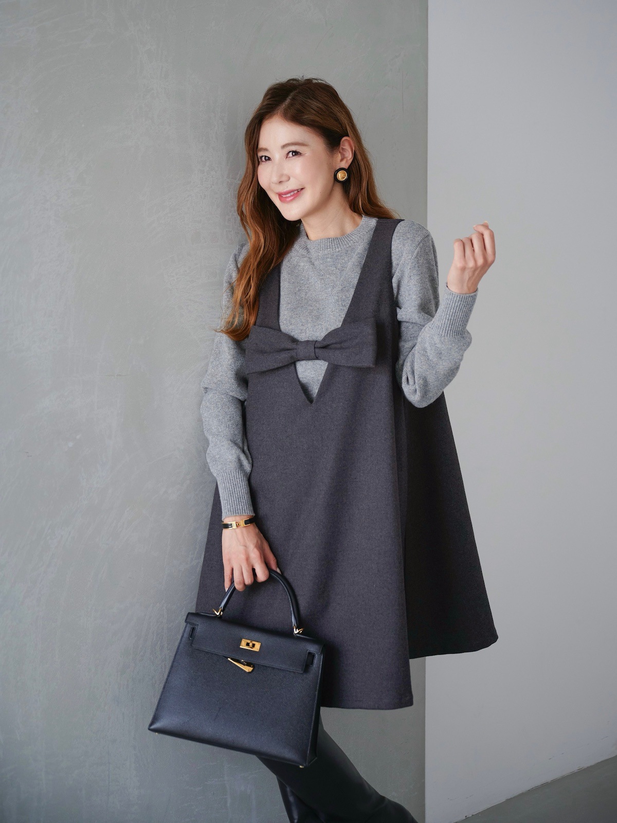 グレーリボンジャンパーワンピース