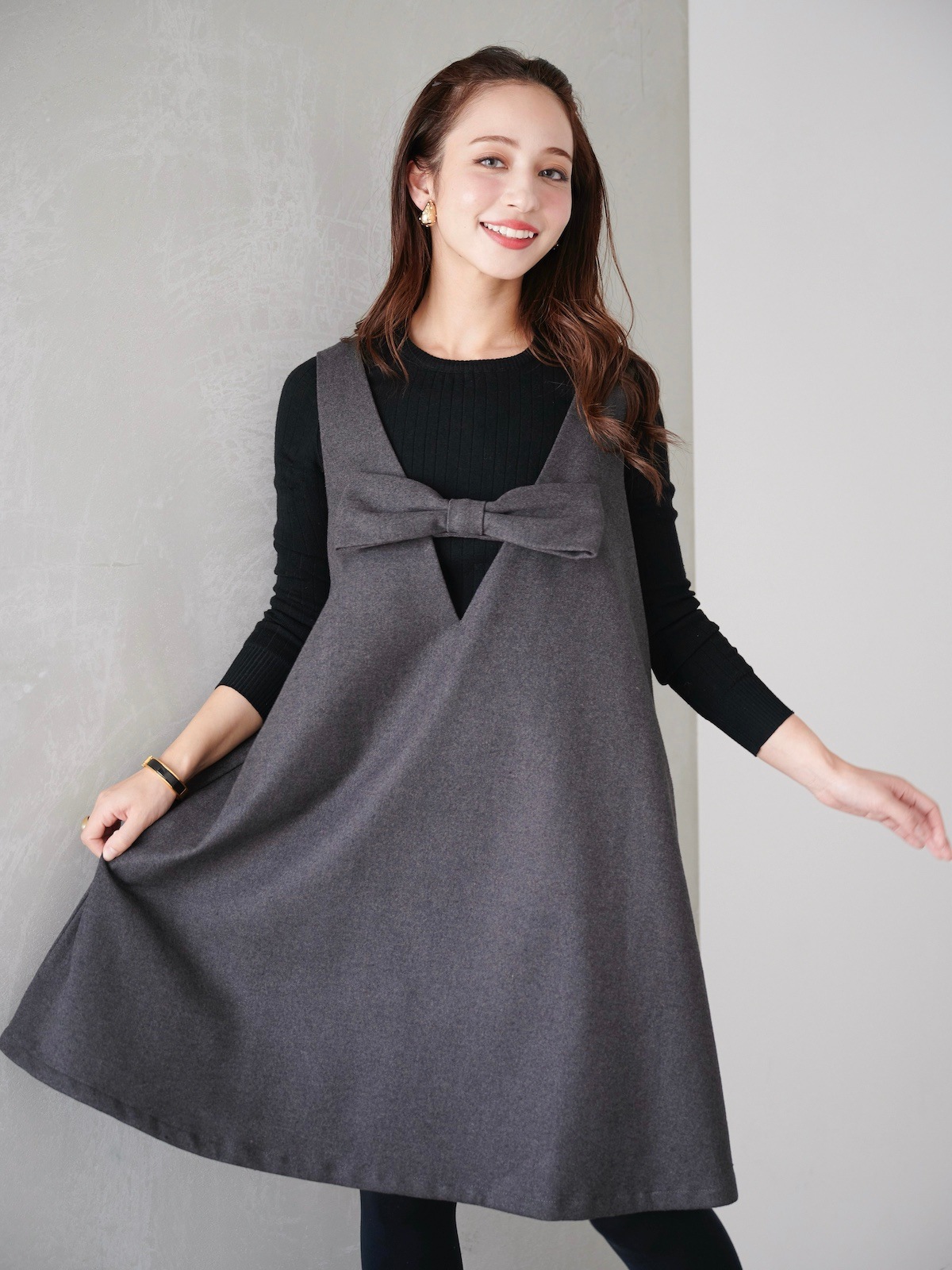 グレーリボンジャンパーワンピース