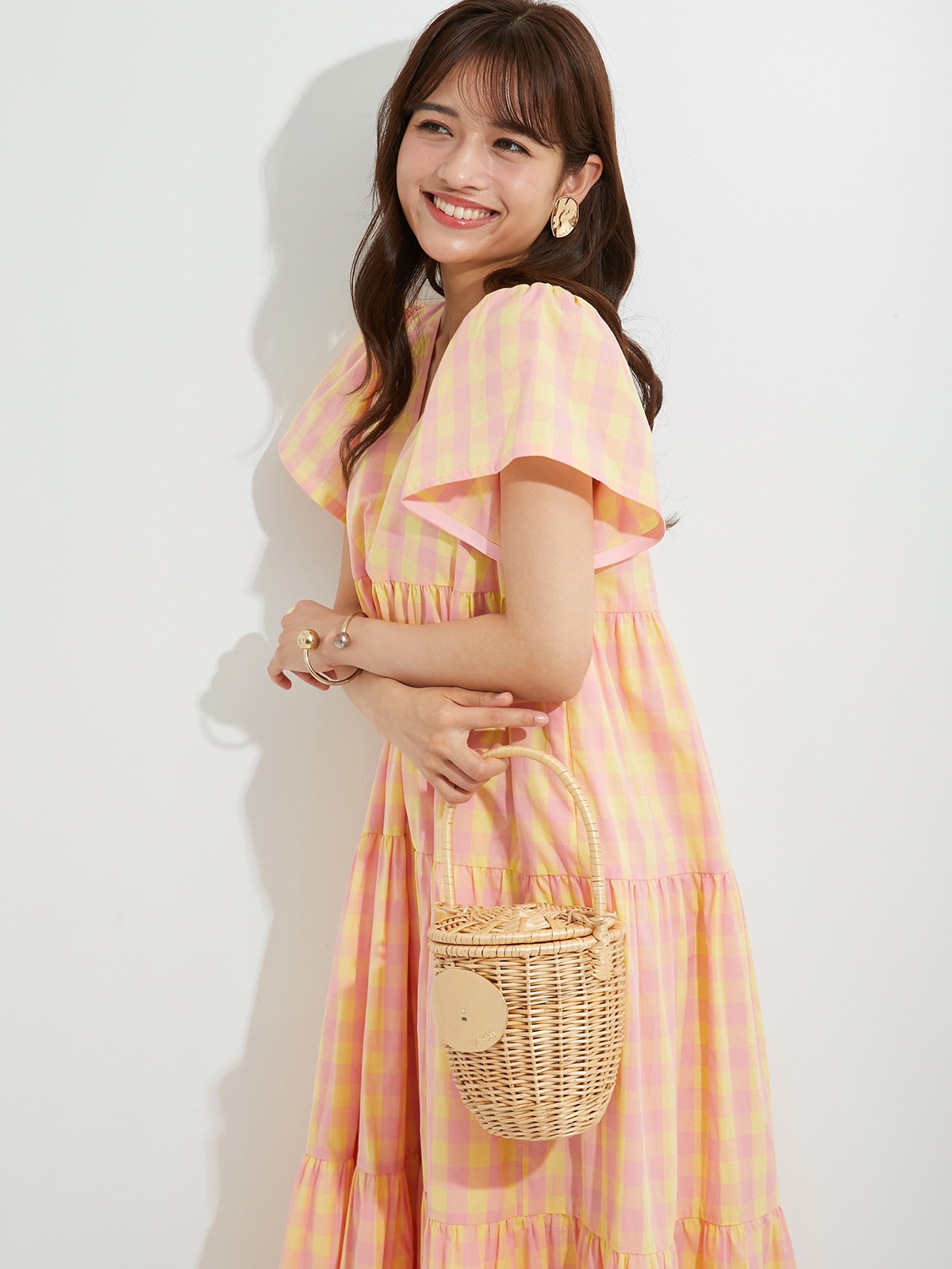 ピンクイエローブロックチェックワンピース