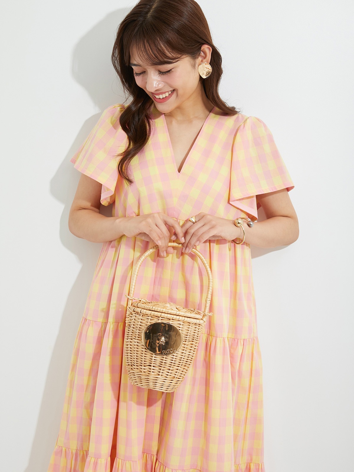 ピンクイエローブロックチェックワンピース