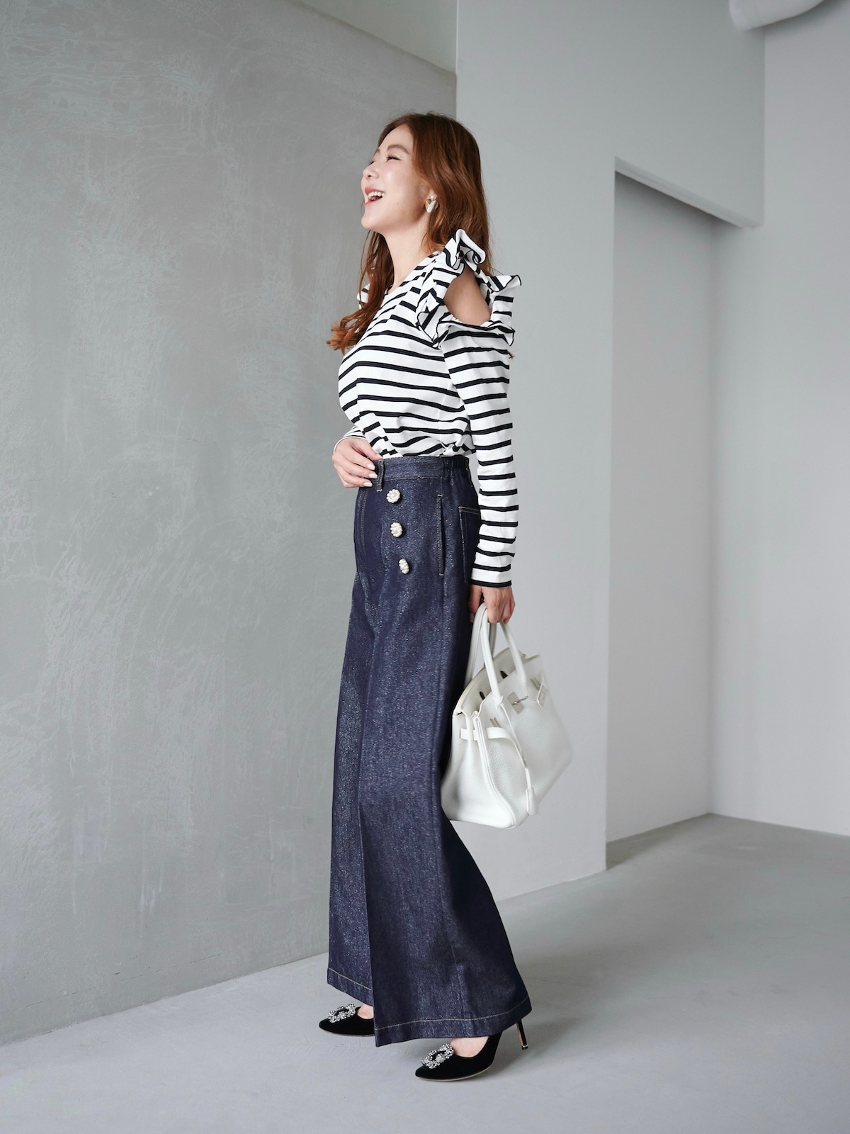 【着用2回】OBLI♡オブリ　ボーダーニットトップス　ホワイト ボーダーフリルトップス【残り4点】 | TOPS | OBLI