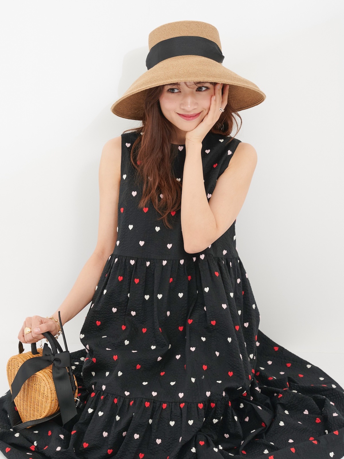 ハート刺繍ワンピース/レッドマルチ