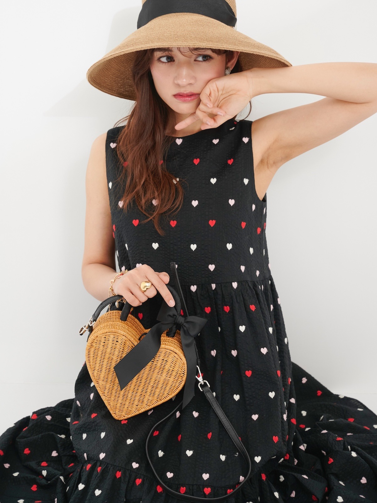 ハート刺繍ワンピース/レッドマルチ