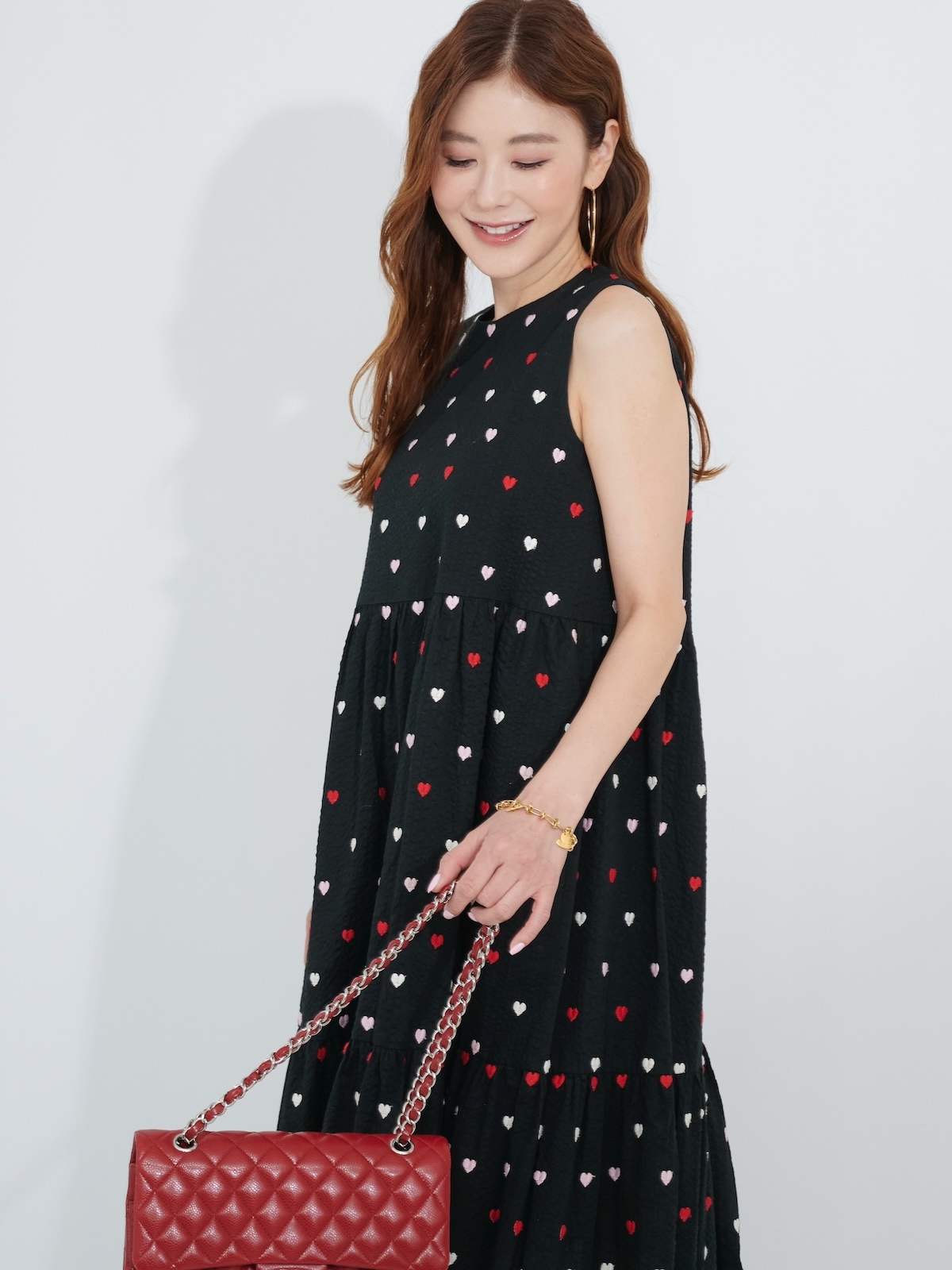 ハート刺繍ワンピース/レッドマルチ