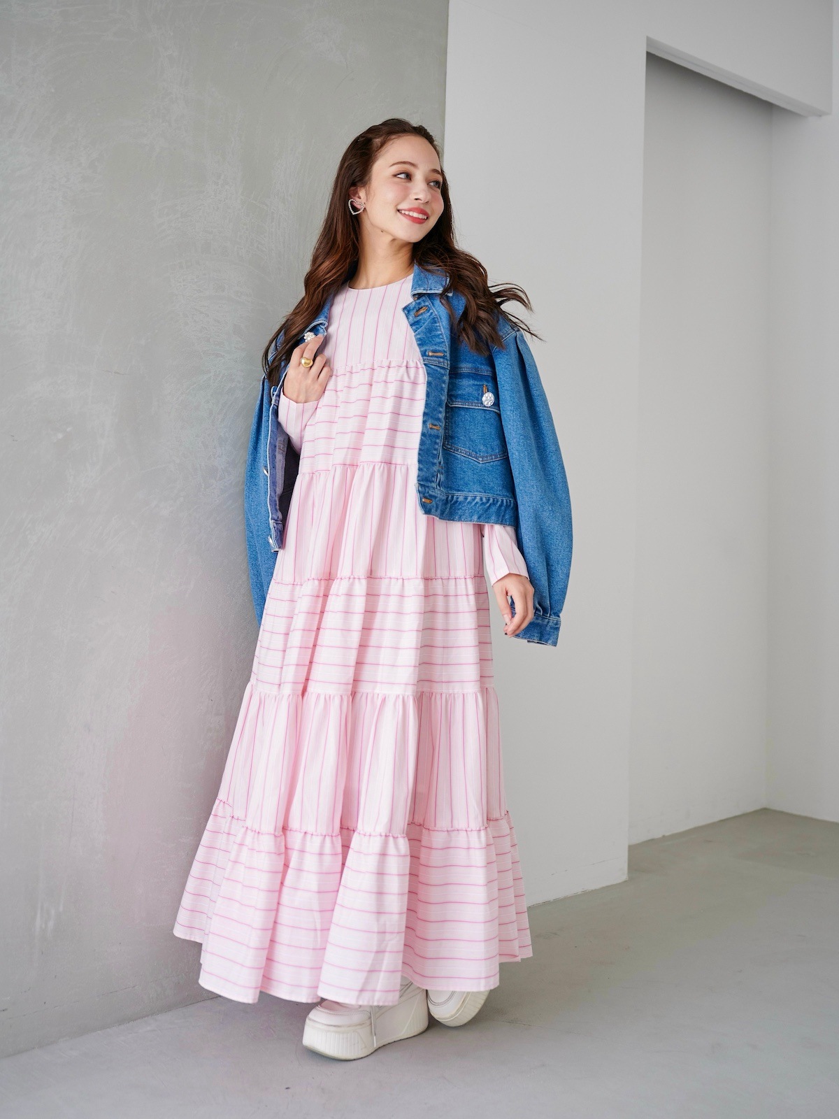 ピンクストライプティアードワンピース【9/26(金)21:00発売
