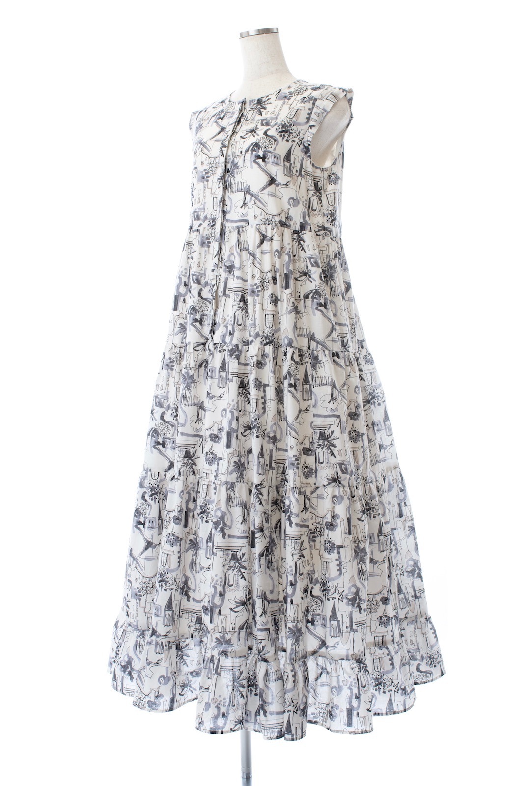 シティプリントティアードワンピース/ブラック