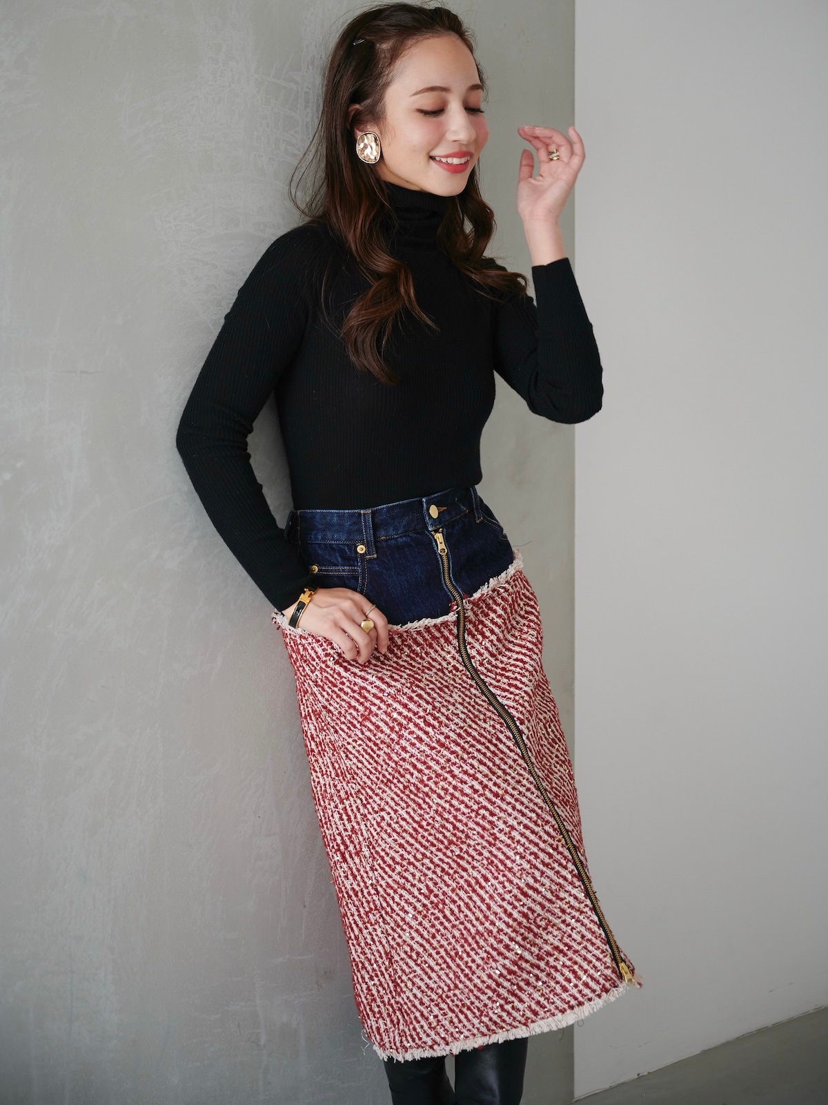 デニムツイードドッキングスカート