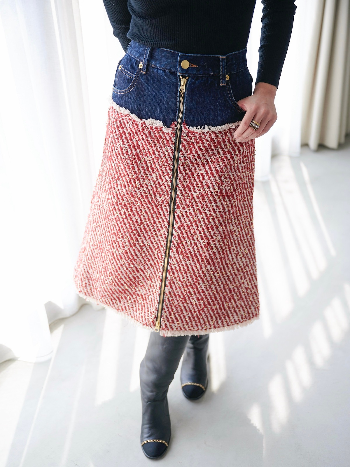 デニムツイードドッキングスカート