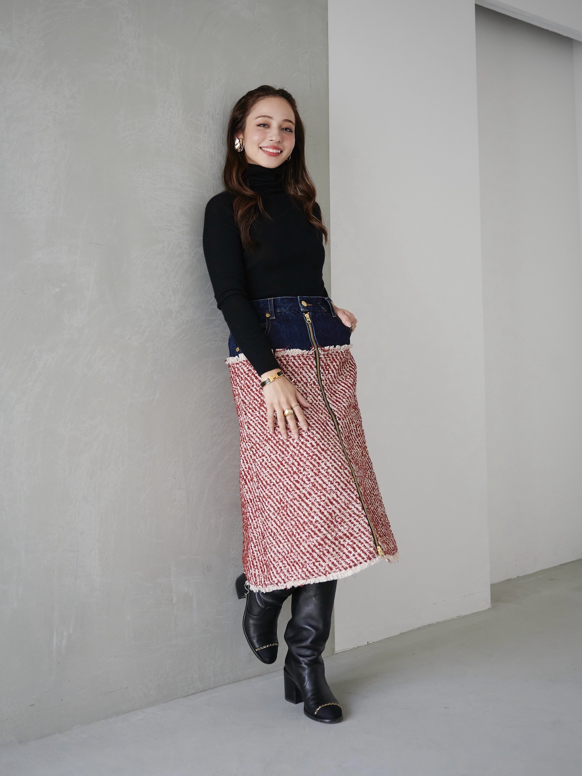 デニムツイードドッキングスカート