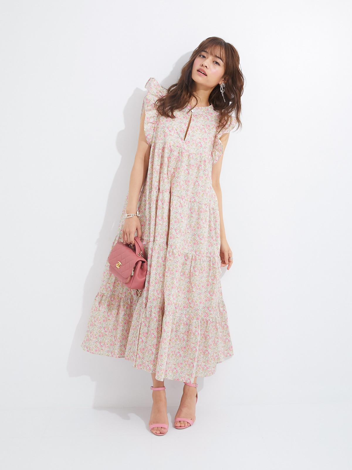 5月14日21:00発売開始】ピンクグリーンフラワーワンピース | DRESS | OBLI