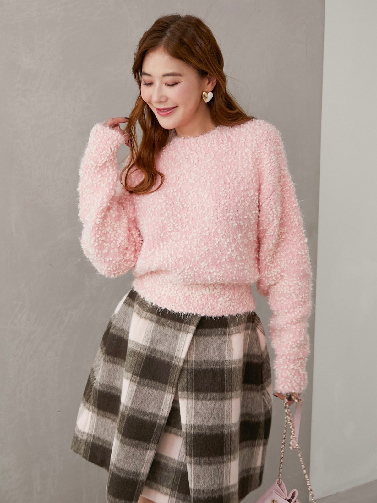 シャギーブロックチェックスカート/ピンク