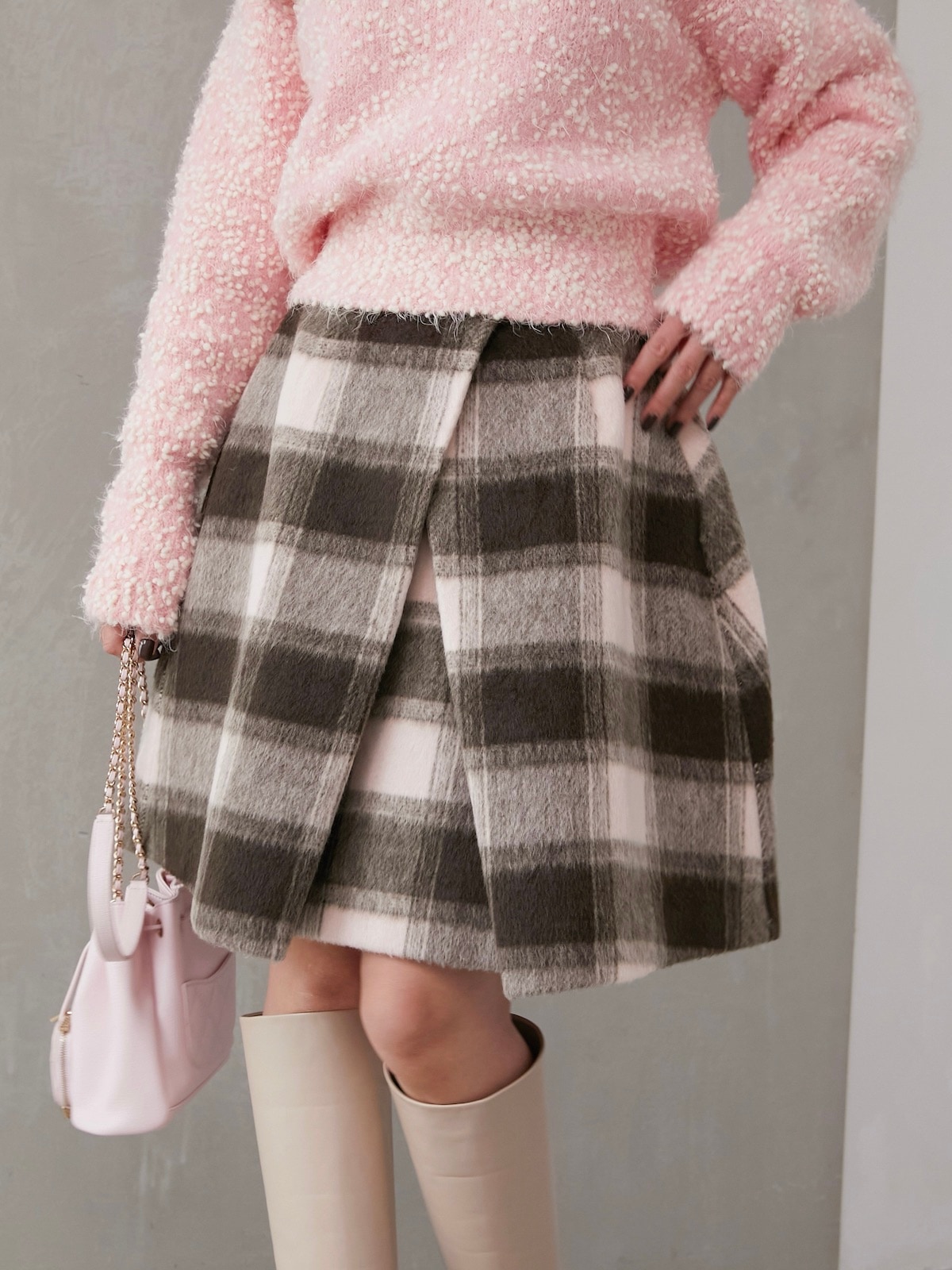 シャギーブロックチェックスカート/ピンク