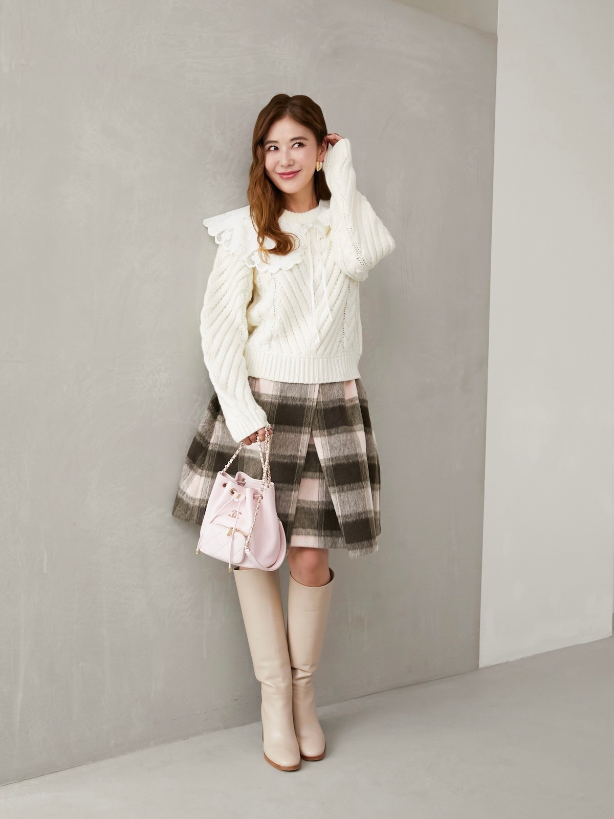 シャギーブロックチェックスカート/ピンク