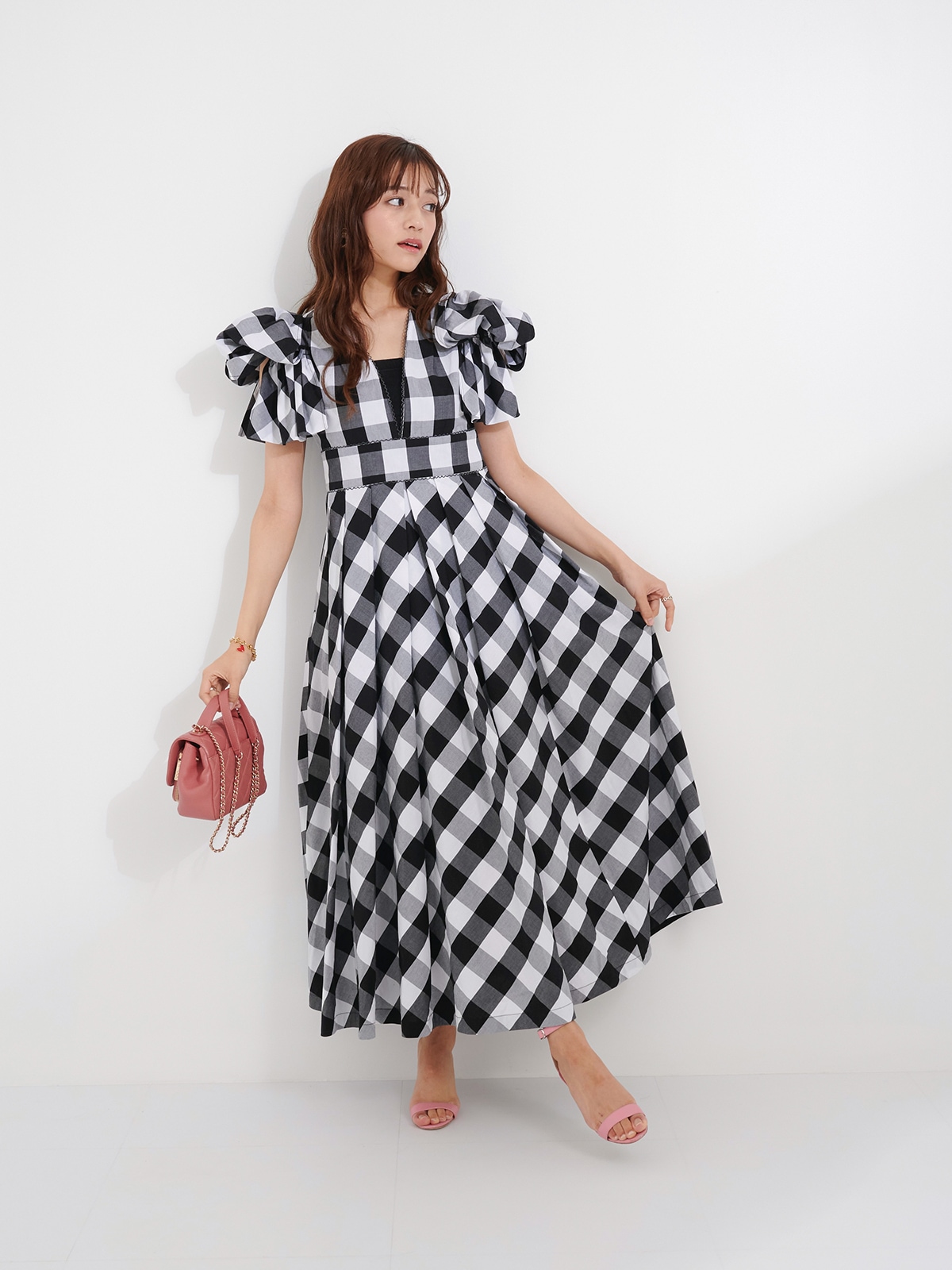リボンスリーブブロックチェックドレス【残り3点】 | DRESS | OBLI
