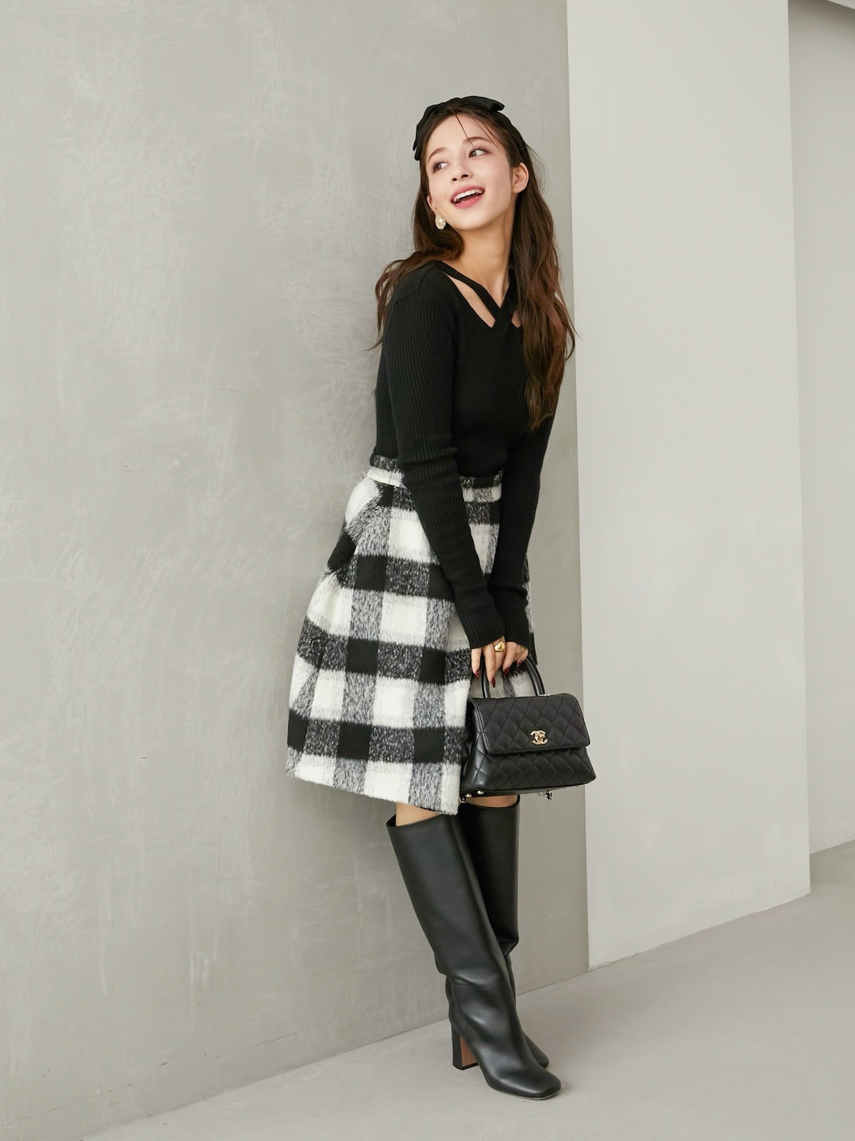 シャギーブロックチェックスカート/ブラック【残りわずか】