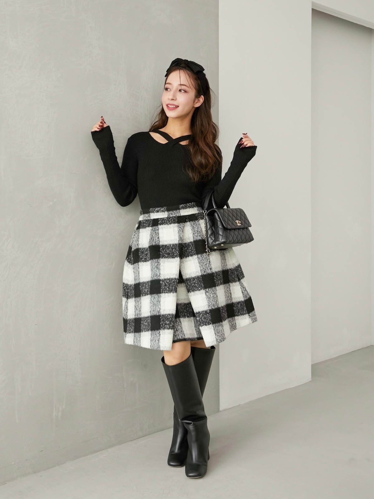 シャギーブロックチェックスカート/ブラック【残りわずか】