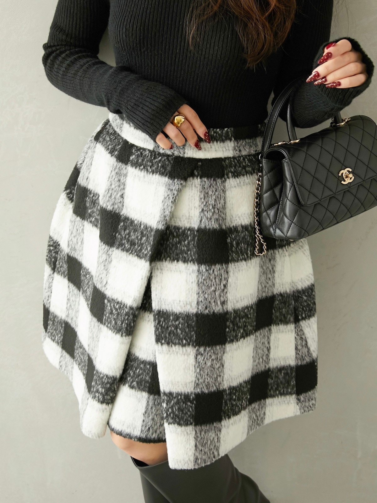 シャギーブロックチェックスカート/ブラック【残りわずか】