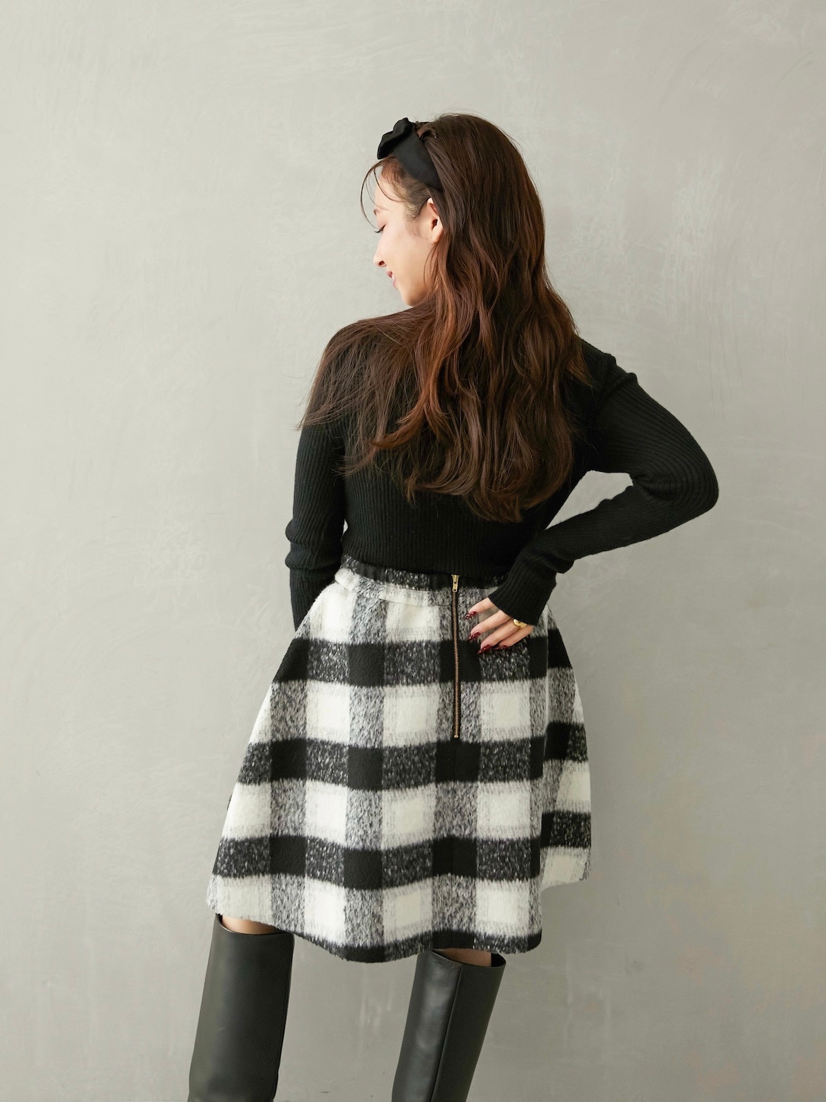 シャギーブロックチェックスカート/ブラック【残りわずか】