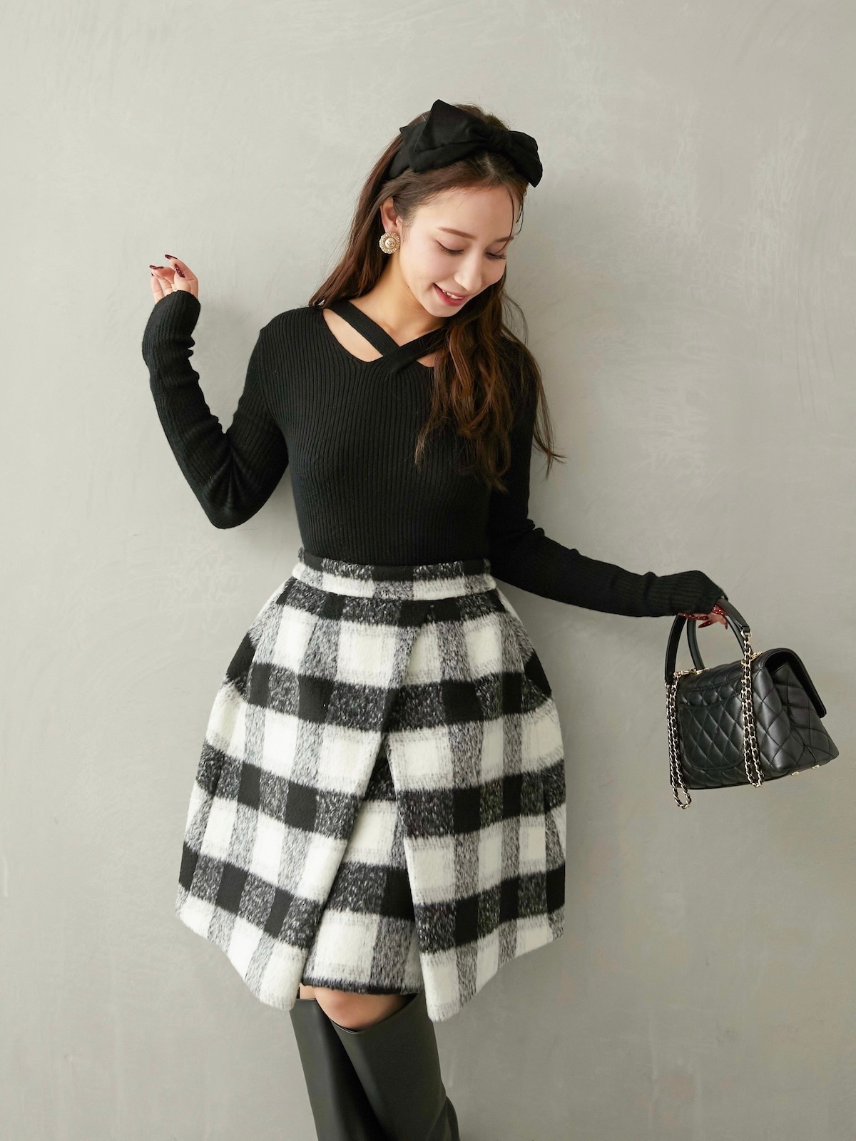 シャギーブロックチェックスカート/ブラック【残りわずか】