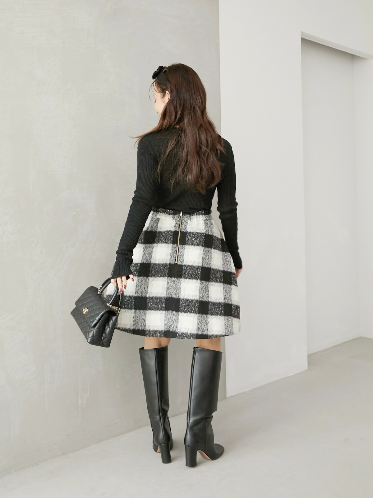 シャギーブロックチェックスカート/ブラック【残りわずか】