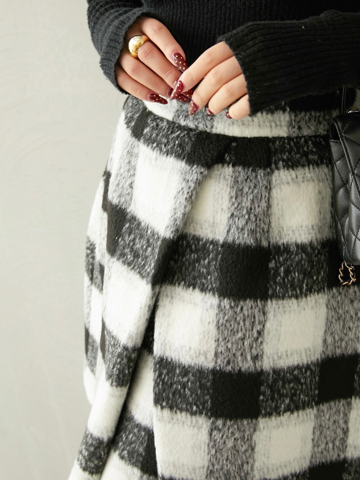 シャギーブロックチェックスカート/ブラック【残りわずか】