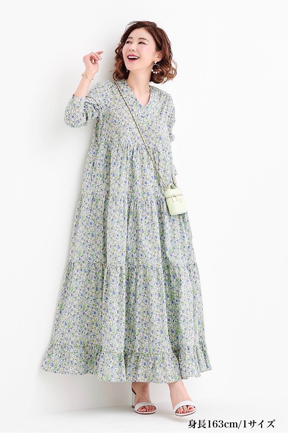 フラワー☆ワンピース Aライン Vネック ミモレ ティアード Vネックフラワーティアードワンピース | DRESS | OBLI