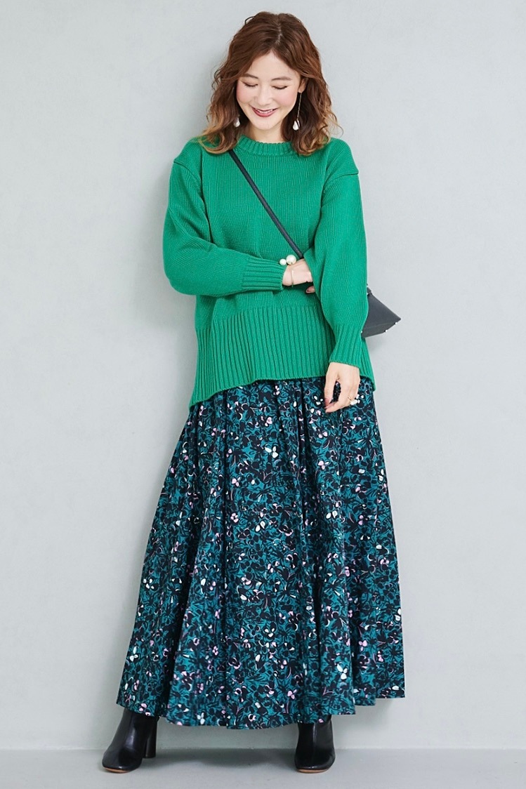 バックスリットカラーニット/グリーン