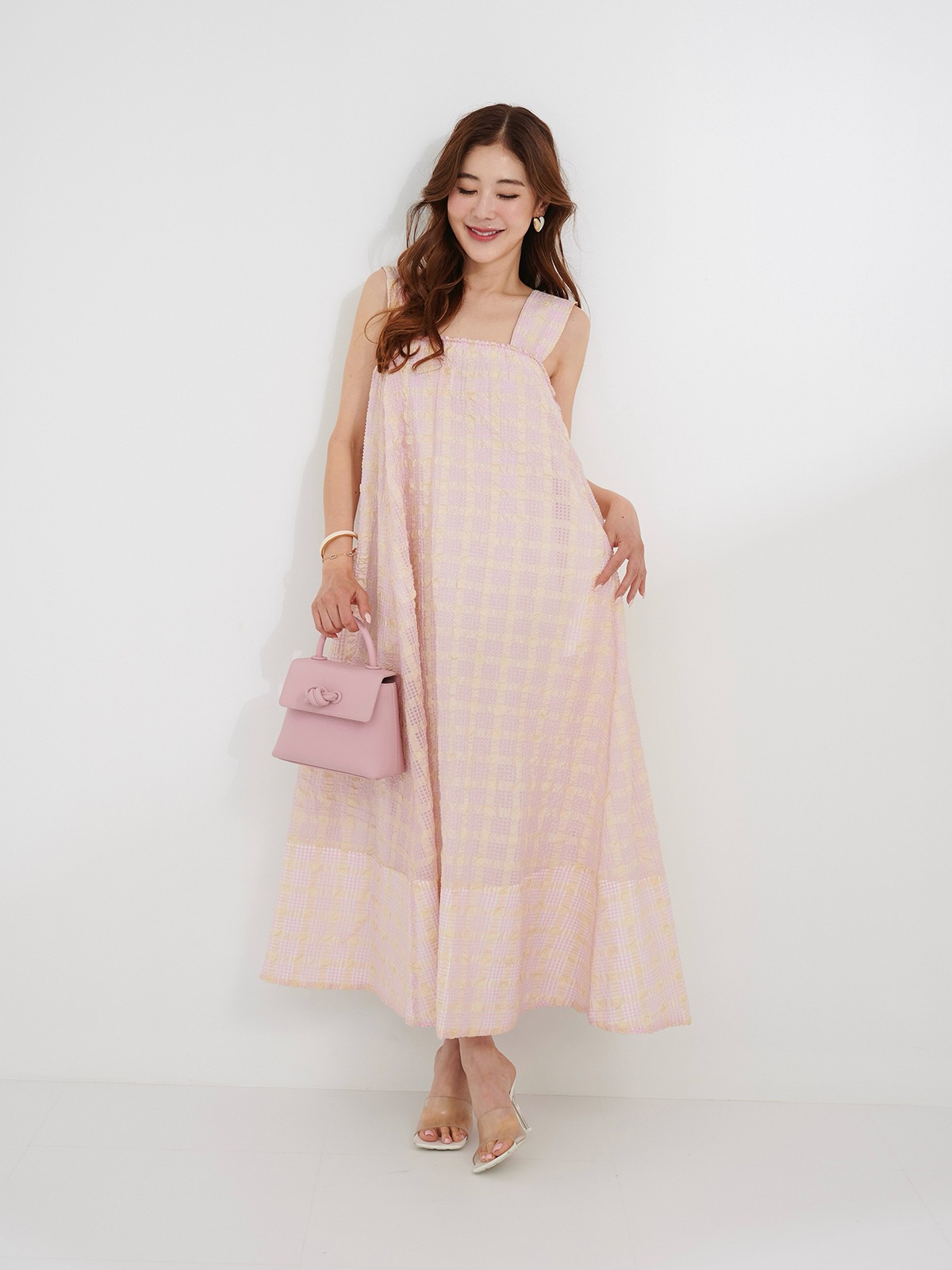 【タグ付き★試着のみ】ウール　リボン　花柄　ピンク　ジャガード　ワンピース　38 5月25日21:00発売開始】ピンクシアージャガードワンピース | DRESS | OBLI