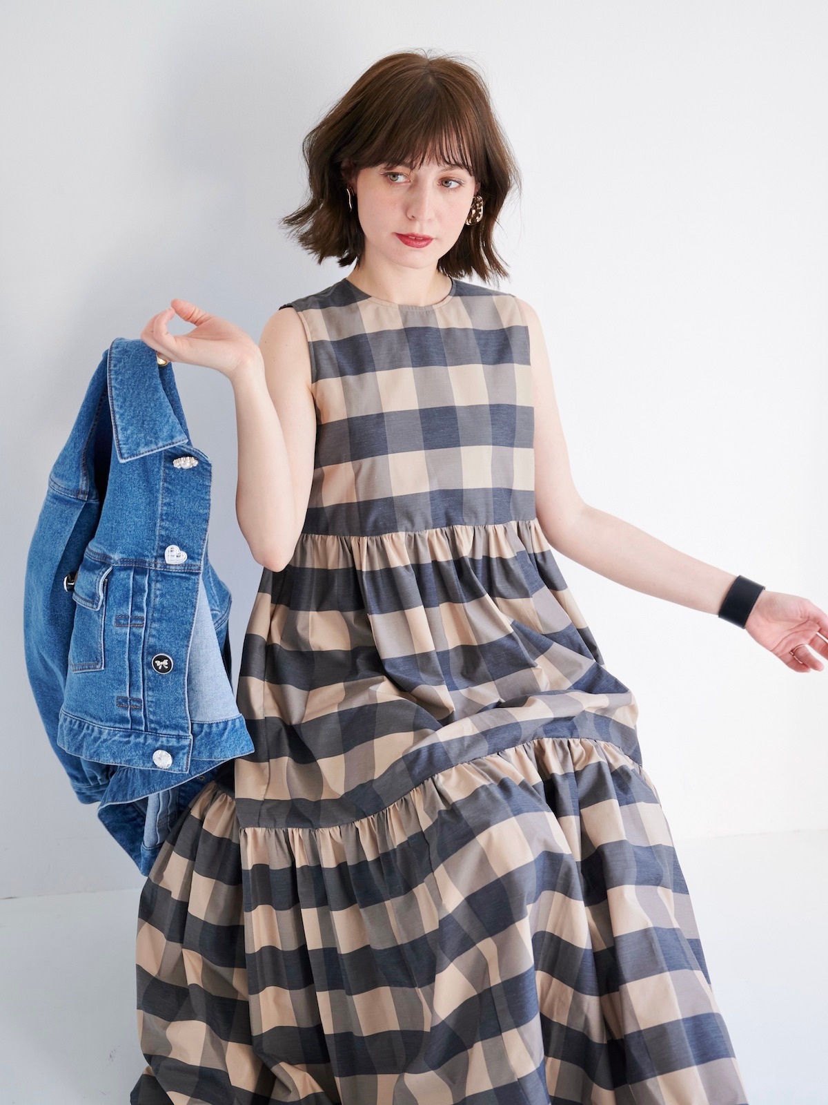 希少 黒入荷！ ブロックチェックティアードワンピース/ブラウン【6/19(木)21:00 ワンピース