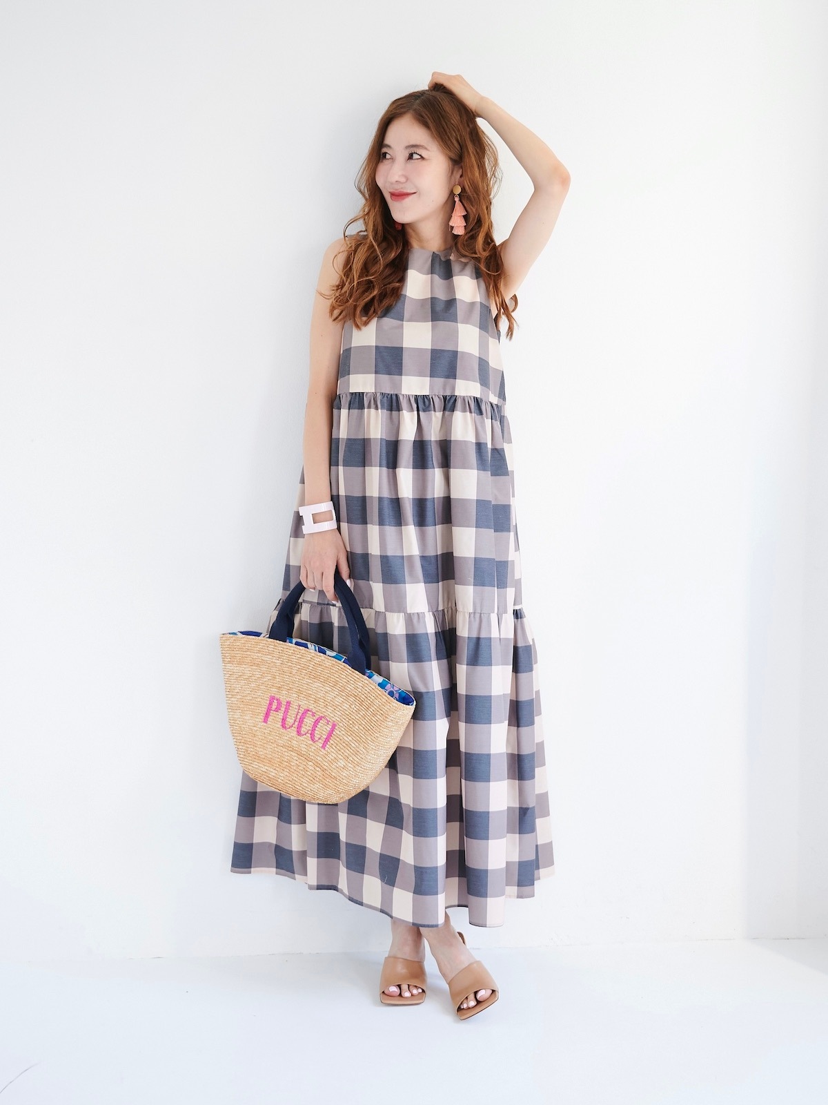 オブリ OBLI ブロックチェック ロングワンピース ブロックチェックティアードワンピース/ブラウン | DRESS | OBLI