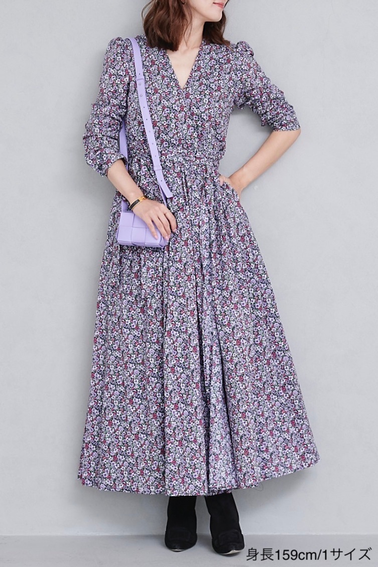 【極美品】buoybuoy(ブイ)コットン/リネンギンガムラップワンピース パープルフラワーラップワンピース | ALL ITEM | OBLI
