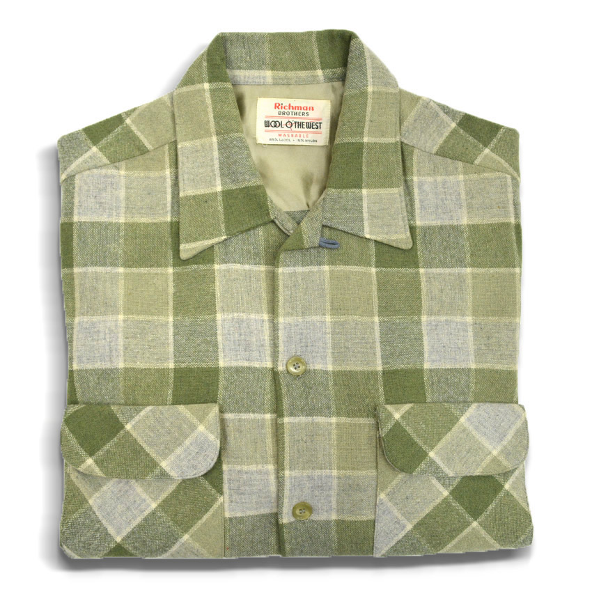 50's Richman BROTHERS Green×Gray wool check shirts ... M