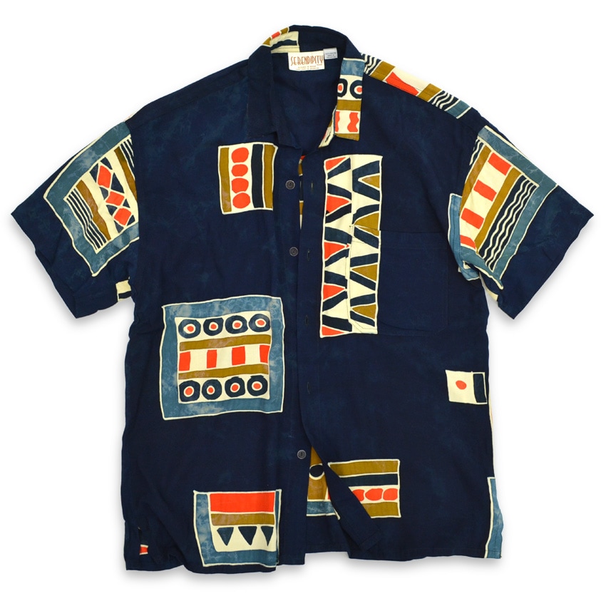 ～90's SERENDIPITY ART 藍染 レーヨン S/S シャツ ... M