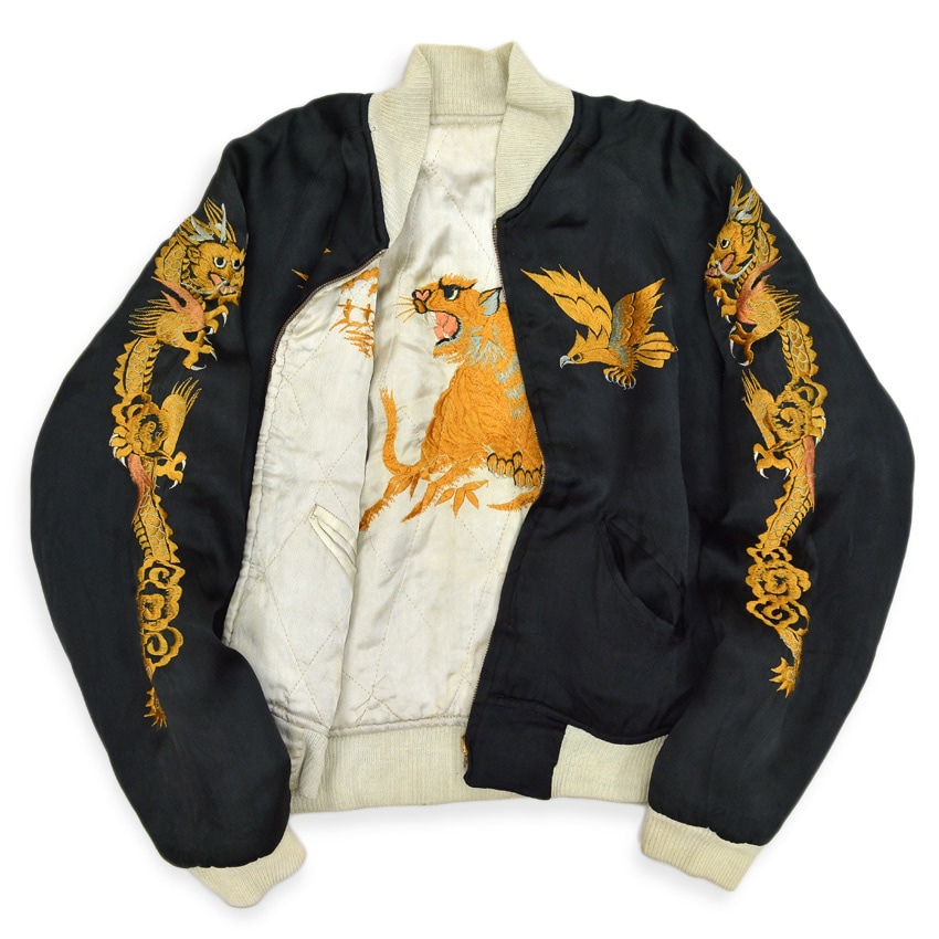 1940's~ JAPAN SOUVENIR JACKET スカジャン 黒×金刺繍 虎鷹龍 YKK