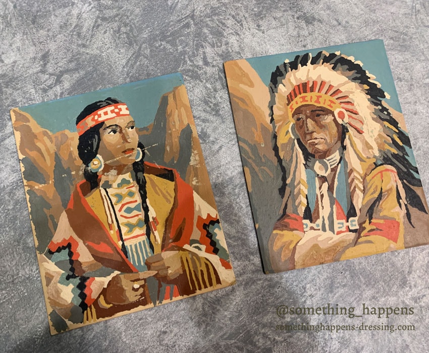 OLD NATIVE AMERICAN ART PORTRAIT PAINTING 2 SET ... 25cm/20cm