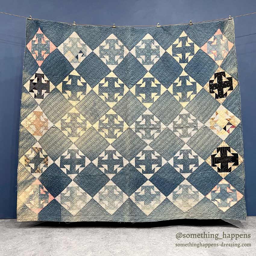 ANTIQUE INDIGO CALICO PATCHWORK QUILT BEAUTIFUL FADED ... 196cm/164cm