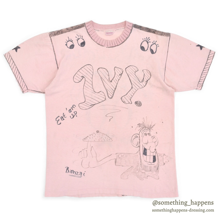 1960's TOWNCRAFT HAND DRAWING T-SHIRT / PINK ... M