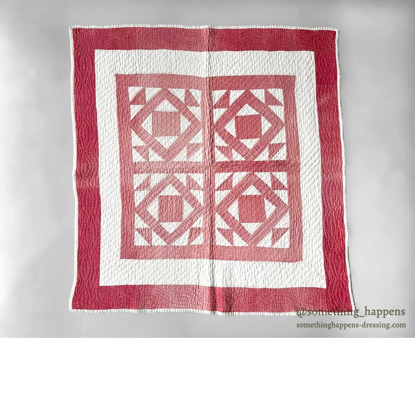 ANTIQUE RED / WHITE DOUBLE SQUARE PATCHWORK CRIB QUILT ... 100cm/94cm