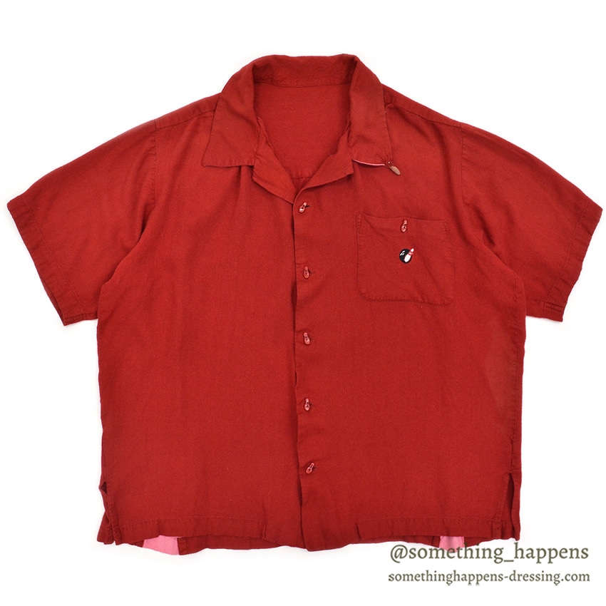 1960's TWO-TONE EMBROIDERY BOWLING RAYON SHIRT / UNIQUE BOWLING PIN BUTTON ...