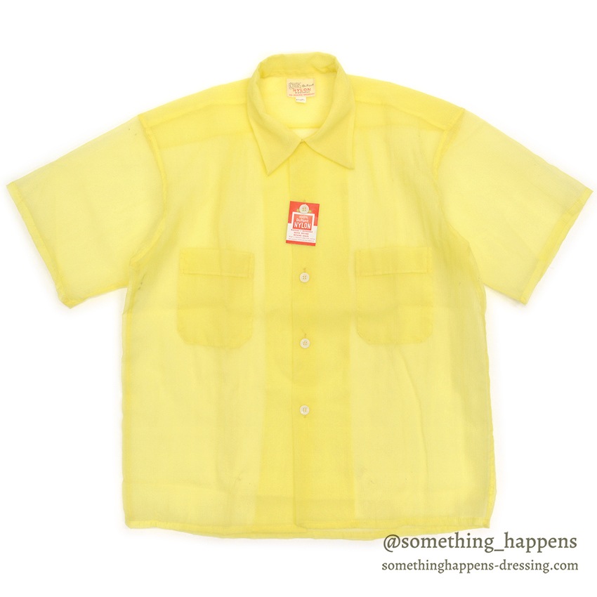 1950's~ DEADSTOCK DU PONT NYLON SEERSUCKER S/S SHIRT / LEMON YELLOW ... M