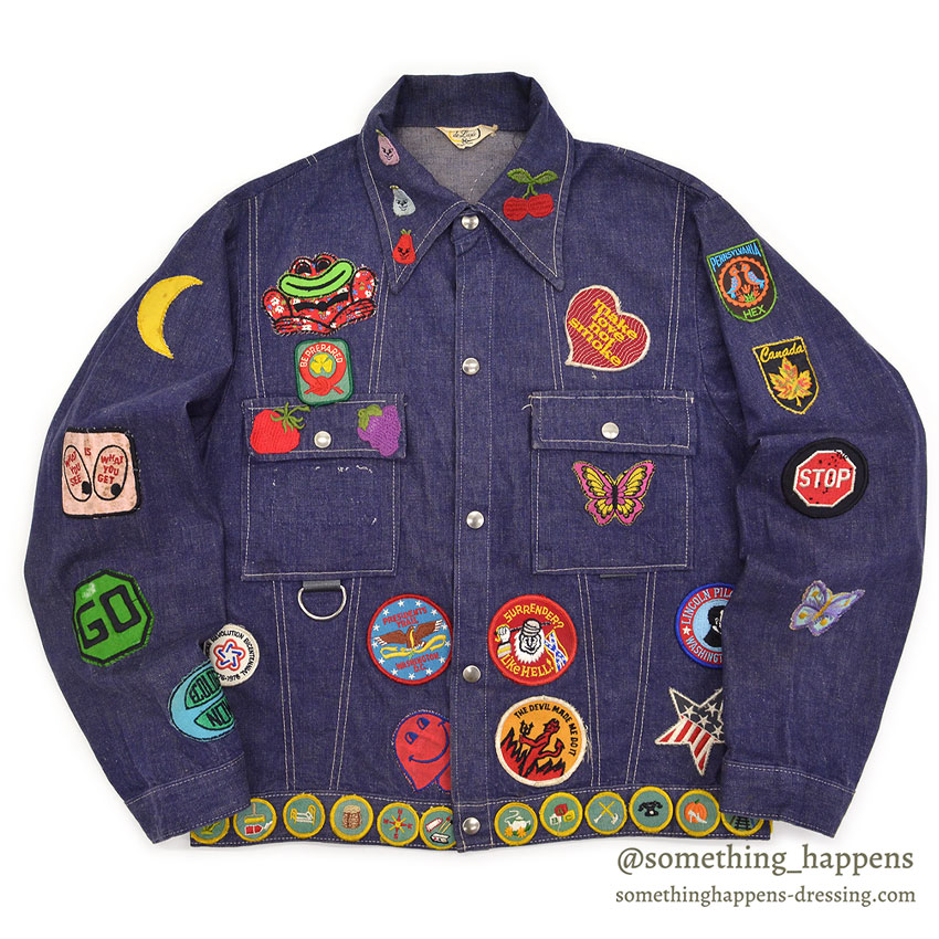1970's DELUXE SPORTSWEAR VAD DYED DENIM JACKET / LOTS OF PATCHES ... M
