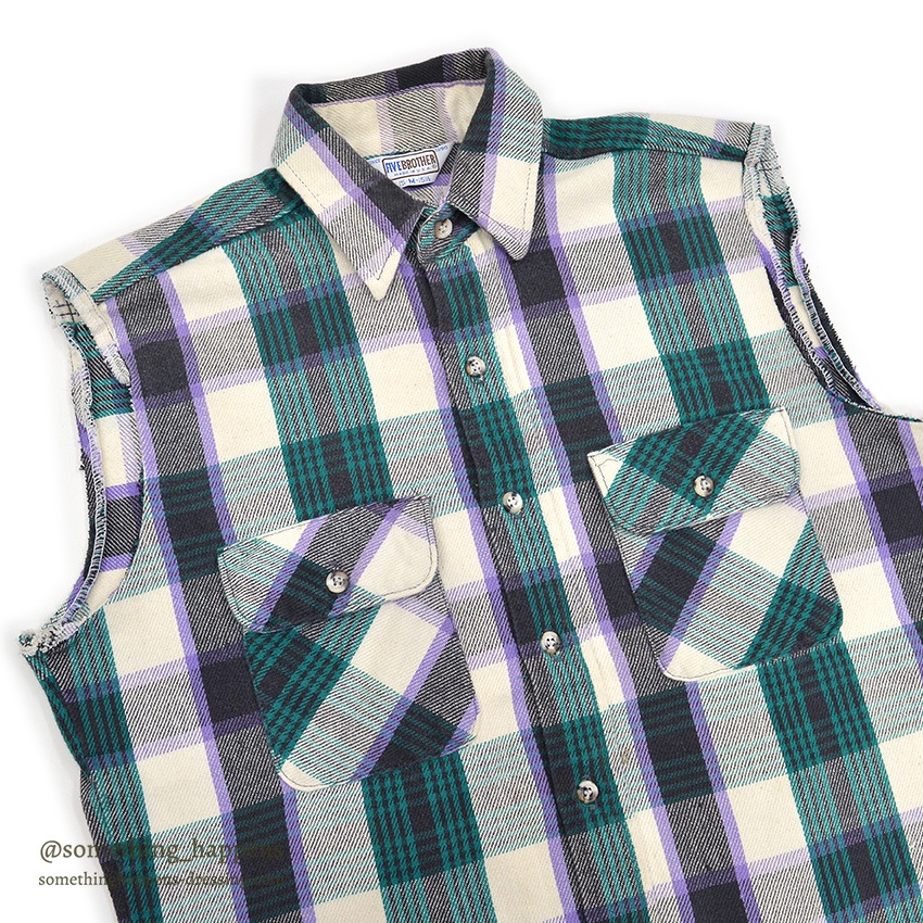 1980's FIVE BROTHER PLAID FLANNEL SHIRT / CUT OFF SLEEVES L 確認用