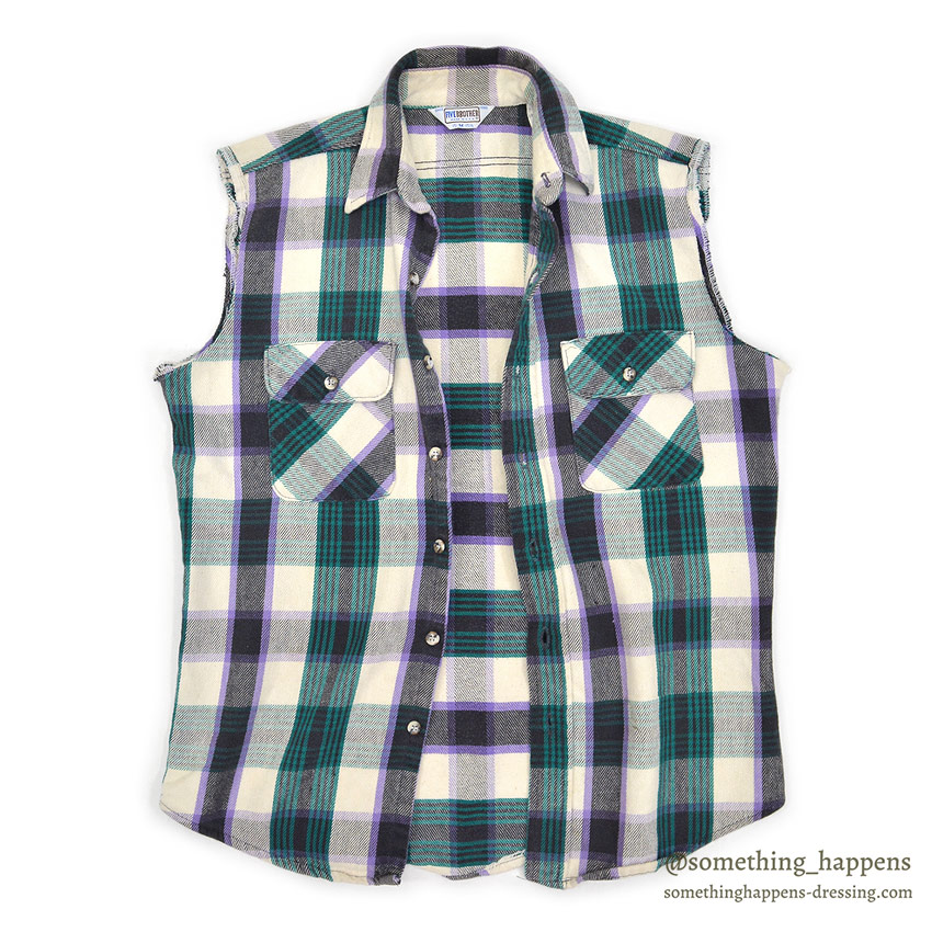 1980's FIVE BROTHER PLAID FLANNEL SHIRT / CUT OFF SLEEVES L 確認用