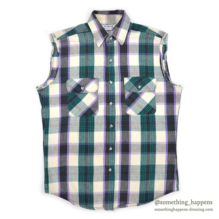 1980's FIVE BROTHER PLAID FLANNEL SHIRT / CUT OFF SLEEVES L 確認用