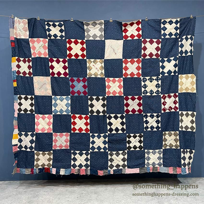 c.1900's ANTIQUE INDIGO CALICO SIGNATURES ALBUM QUILT TOP ... 210cm/168cm