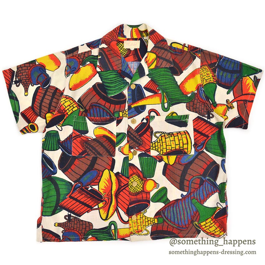 1950's Tel-Art HAND MADE IN MEXICO SHIRT / RICH, VIBRANT COLOR PATTERN ... L