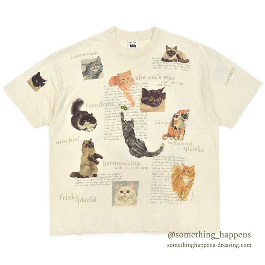 rel e vant products 90s USA製 総柄 アートtシャツ 古着 90s USA製 rel e vant products 猫 ネコちゃん 水彩 マルチ