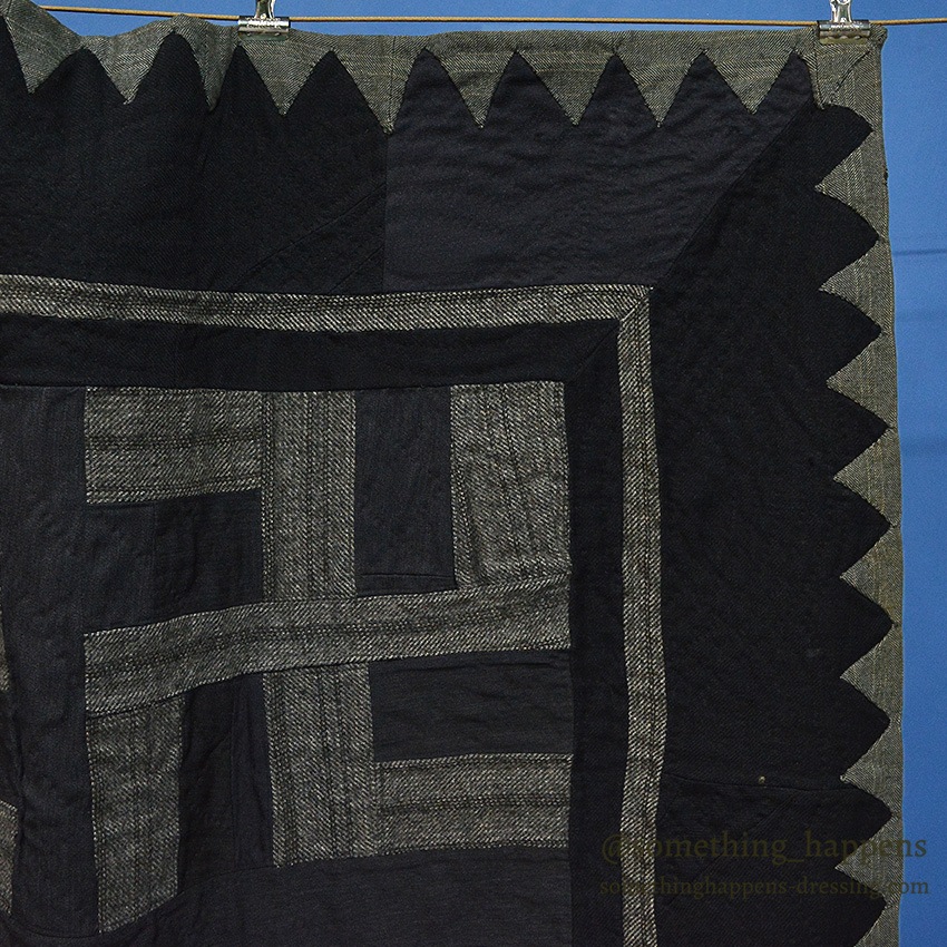 ANTIQUE WHIRLING LOGS, SWASTIKA PATCHWORK BLACK/GRAY WOOL QUILT ... 200cm/190cm