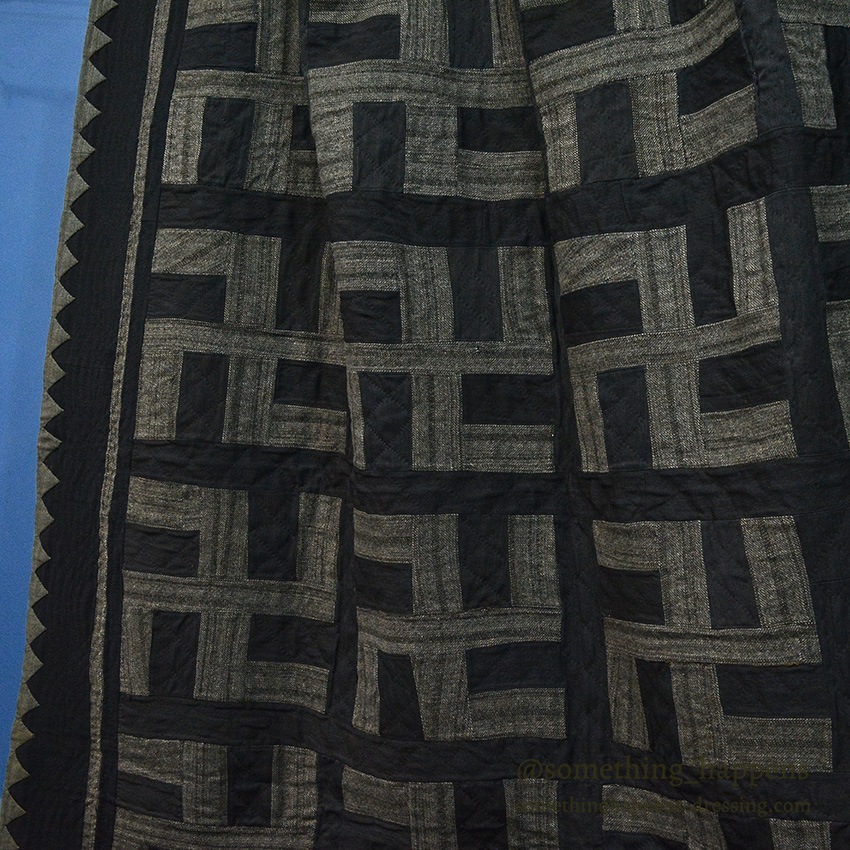 ANTIQUE WHIRLING LOGS, SWASTIKA PATCHWORK BLACK/GRAY WOOL QUILT ... 200cm/190cm