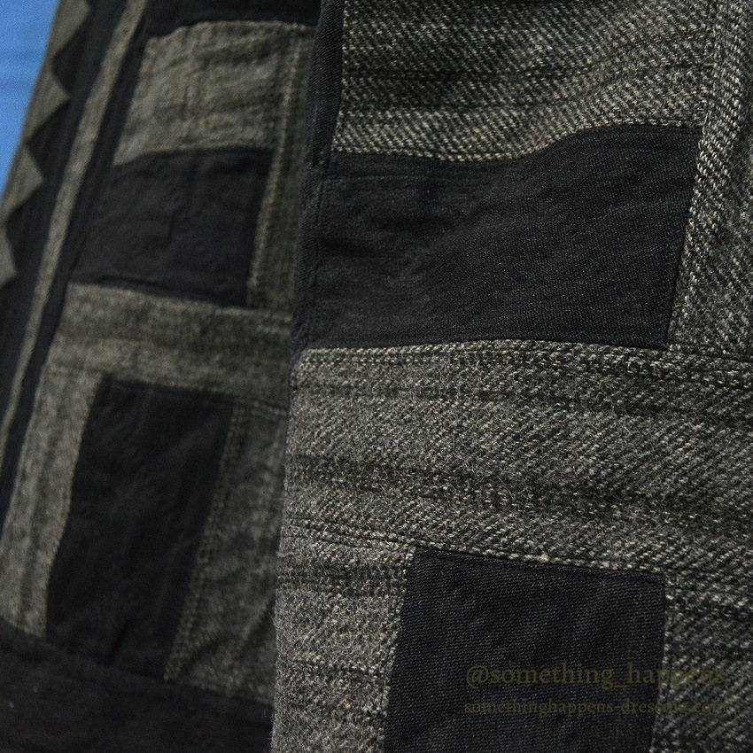 ANTIQUE WHIRLING LOGS, SWASTIKA PATCHWORK BLACK/GRAY WOOL QUILT ... 200cm/190cm